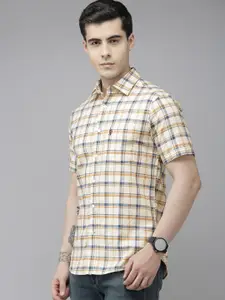 U.S. Polo Assn. Men Off-White Checked Pure Cotton Casual Shirt