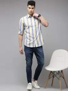 U.S. Polo Assn. U S Polo Assn Men Peach And Blue Tailored Fit Striped Pure Cotton Casual Shirt