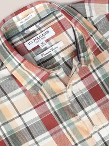 U.S. Polo Assn. U S Polo Assn Men Rust Red and Blue Tailored Fit Tartan Checked Casual Shirt