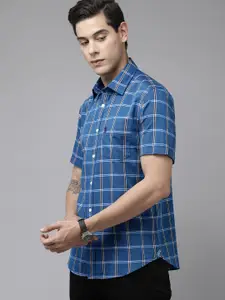 U.S. Polo Assn. U S Polo Assn Men Blue Windowpane Checked Pure Cotton Casual Shirt