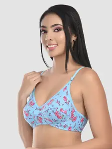 StyFun Women Blue Floral Cotton Blend Full coverage T-shirt Bra