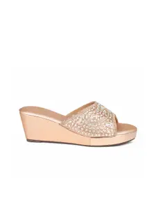 Inc 5 Women Copper-Toned Embellished Leather Ethnic Flats