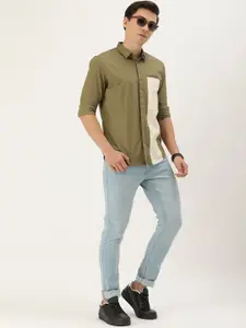 FOREVER 21 Men Olive Green Colourblocked Casual Shirt