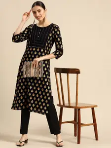 Sangria Women Black & Gold-Toned Ethnic Motifs Kurta