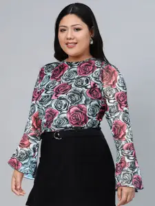 SASSAFRAS Grey & Pink Floral Print Mesh Bell Sleeves Top