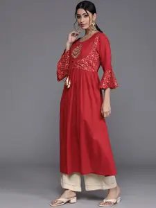 Varanga Women Red Embroidered Flared Sleeves Thread Work Kurta