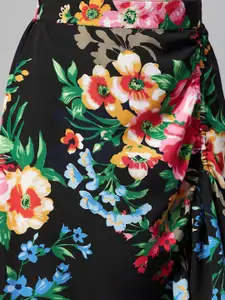 plusS Black & Pink Floral Printed Maxi Flared Skirt