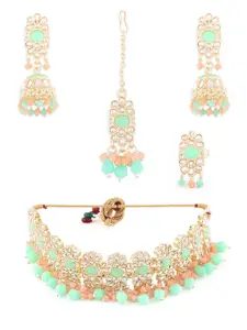 Zaveri Pearls Gold-Plated  Green Kundan Studded Jewelry Set with Mang tikka & Ring