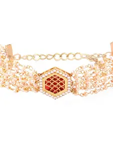 Zaveri Pearls Women Gold Toned Red Center Piece Multistrand Pearls Ethnic Bracelet