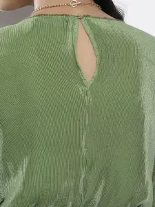 SASSAFRAS Olive Green Pleated Chinon Balloon Crop Top