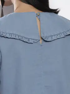 SASSAFRAS Blue Frill Detail Broad Collar Cotton Crop Top