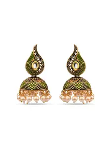 Fida Green & Gold-Toned Contemporary Jhumkas Earrings