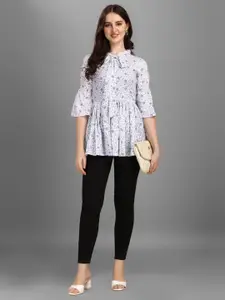GUFRINA White Floral Print Tie-Up Neck Crepe Shirt Style Top