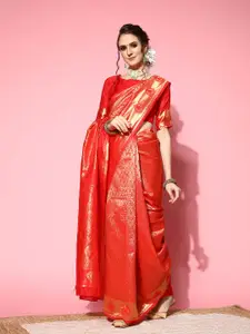 Saree mall Red Ethnic Motifs Silk Blend Banarasi Sarees