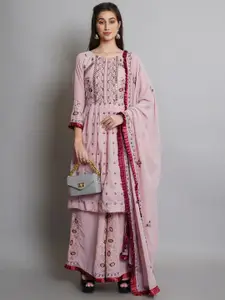 Stylee LIFESTYLE Women Pink & Brown Embroidered Semi-Stitched Dress Material