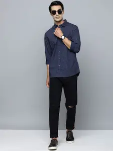 Flying Machine Men Navy Blue Micro Ditsy Printed Pure Cotton Slim Fit Casual Shirt