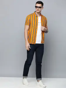 Flying Machine Men Mustard Yellow & Blue Slim Fit Striped Pure Cotton Casual Shirt