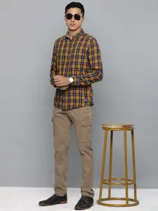 Flying Machine Men Mustard Yellow & Navy Blue Slim Fit Checked Pure Cotton Casual Shirt