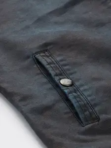 Flying Machine Men Navy Blue Washed Biker Jacket With Zip & Shoulder Tabs Detail