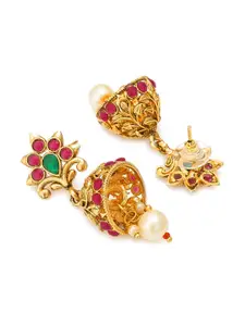 aadita Gold-Toned & Red Dome Shaped Jhumkas Earrings