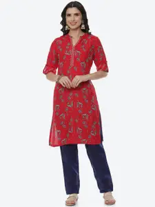 Rangriti Women Red Floral Printed Straight Kurta