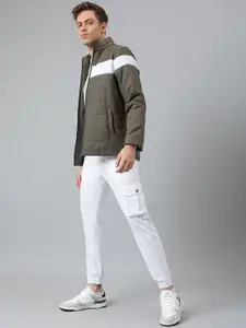 Hubberholme Men Olive Green & White Colourblocked Lightweight Outdoor Puffer Jacket