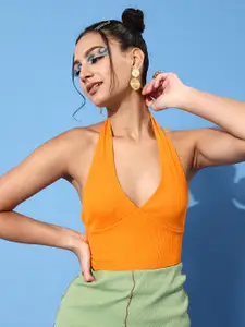 People Orange Solid New Neckline Top