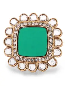 Zaveri Pearls Set Of 3 Gold-Plated Turquoise Blue & Green Kundan Studded Adjustable Finger Ring
