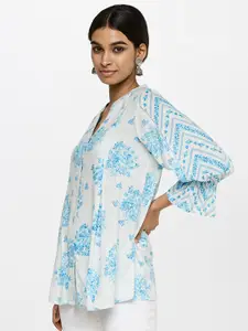 Global Desi Blue Floral Print Mandarin Collar Top