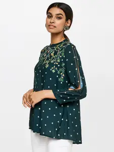 Global Desi Green Floral Print Keyhole Neck Top