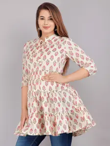 KALINI White Floral Print Tie-Up Neck Tiered Top