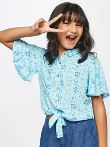 Global Desi Girls Blue Floral Printed Shirt Style Top