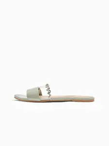 The Label Life Women Sage Green Open Toe Vinyl Wavy Strap Flats