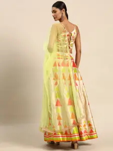 Sangria Green & Beige Printed Semi-Stitched Lehenga & Unstitched Blouse With Dupatta