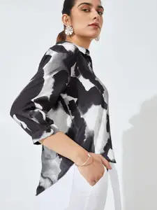 The Label Life Women Black Printed Overlap Crepe Monochrome Casual Shirt