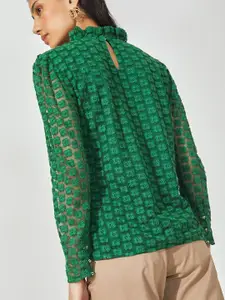 The Label Life Green Floral Embroidered Ruffle Neck Top