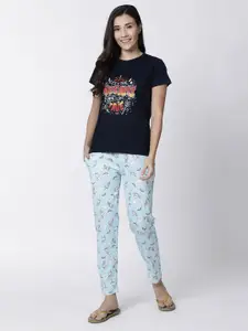 Kryptic Women Navy Blue Printed Pure Cotton Lounge T-shirt