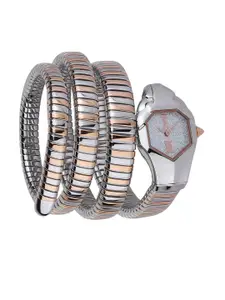 Just Cavalli Women Silver-Toned Embellished Dial & Silver Toned Stainless Steel Wrap Around Straps Analogue Watch