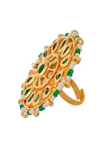DASTOOR Gold-Plated Green Kundan Studded Meenakari Finger Ring