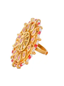 DASTOOR Women Gold-Plated Pink & White Kundan-Studded Meenakari Adjustable Ring