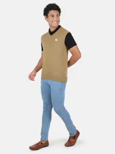 Monte Carlo Men Khaki Solid V-Neck Wool Sweater