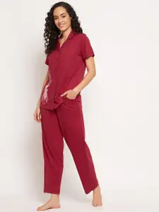 Clovia Women Maroon Printed Night suit
