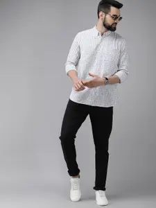 THE BEAR HOUSE Men White Slim Fit Checked Cotton Linen Casual Shirt