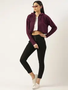 FOREVER 21 Women Burgundy Solid Hooded Crop Front-Open Sweatshirt