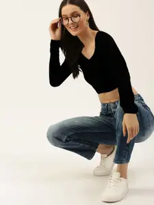 FOREVER 21 Women Black Solid Crop Pullover Sweater