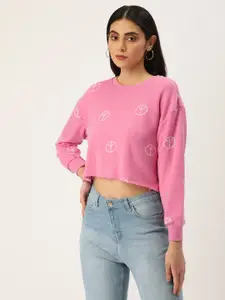 FOREVER 21 Women Pink Geometric Printed Cropped Round neck Sweatshirt