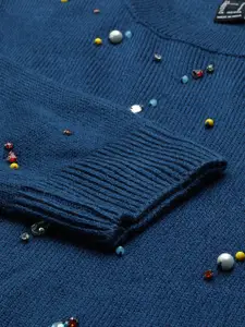 FOREVER 21 Women Navy Blue Embellished Pullover