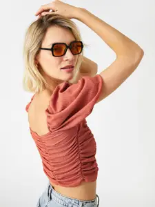 Koton Rust Brown Solid Ruched Crop Top