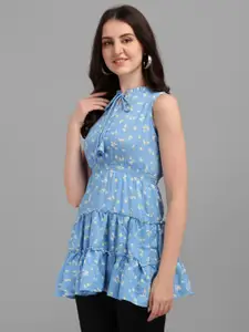 GUFRINA Blue Floral Print Tie-Up Neck Tiered Top