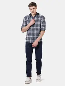 t-base Men Navy Blue Standard Tartan Checks Hooded Casual Shirt